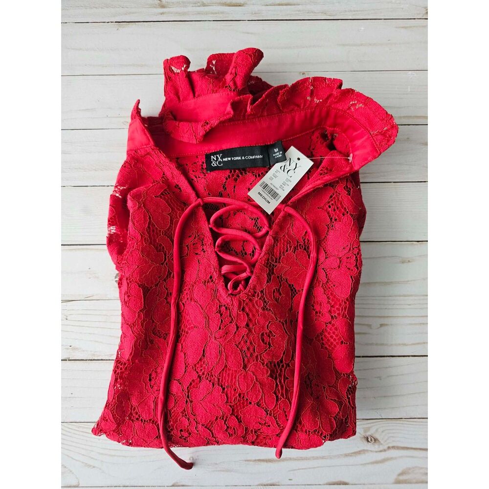 NWT New York & Company Women’s M Red Floral Lace-Up Lace Blouse Long Sleeve